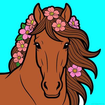 Ausgemalte Version: Pferdeporträt mit Blumen