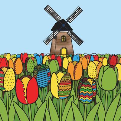 Ausgemalte Version: Tulpenfeld mit Windmühle
