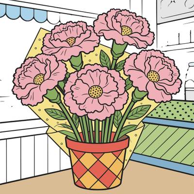 Fargelagt versjon: Nellikbukett i blomsterbutikk