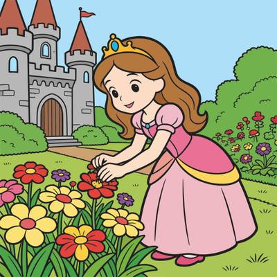 Version coloriée : Princesse cueillant des fleurs au château