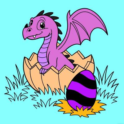 Ausgemalte Version: Babydrache schlüpft aus dem Ei