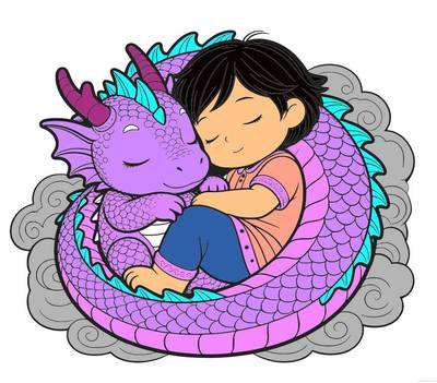Ausgemalte Version: Schlafendes Kind mit eingerolltem Babydrachen