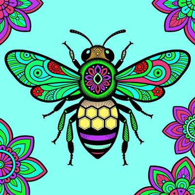 Färglagd version: Detaljerad zentangle-bi med blomdetaljer