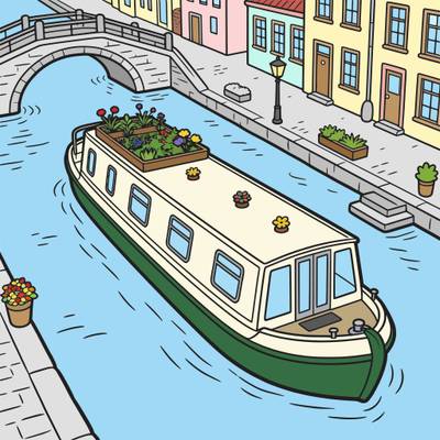 Fargelagt versjon: Husbåt med takhage i kanal