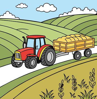 Ausgemalte Version: Traktor mit Heuanhänger auf dem Feld