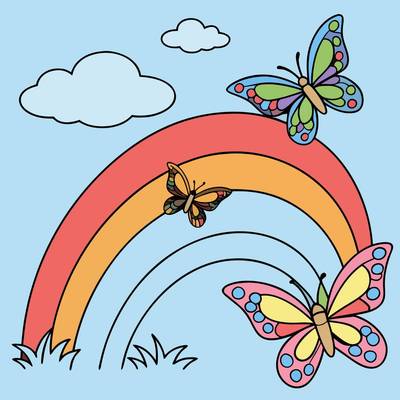 Ausgemalte Version: Regenbogen mit Schmetterlingen