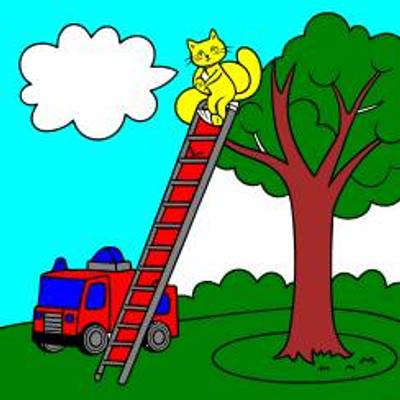 Versão colorida: Gato na árvore com caminhão de resgate