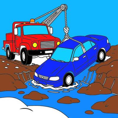 Ausgemalte Version: Abschleppwagen zieht Auto aus dem Graben