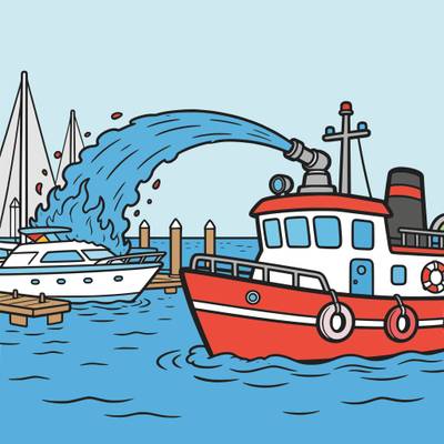 Versão colorida: Barco de bombeiros na marina