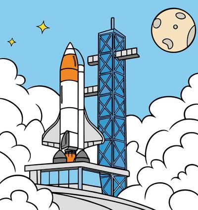 Väritetty versio: Sarjakuvamainen raketti laukaisutornin vieressä