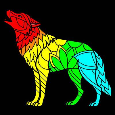 Ausgemalte Version: Zentangle-Ausmalbild mit heulendem Wolf