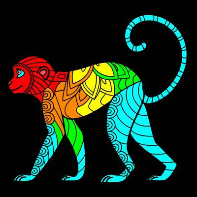 Ausgemalte Version: Zentangle-Affe in Seitenansicht