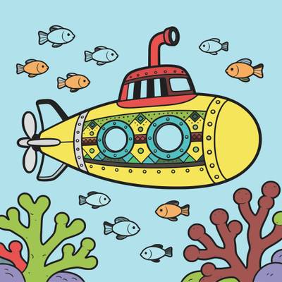 Versão colorida: Submarino detalhado com peixes e corais