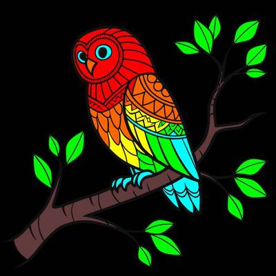 Versão colorida: Coruja zentangle pousada no galho