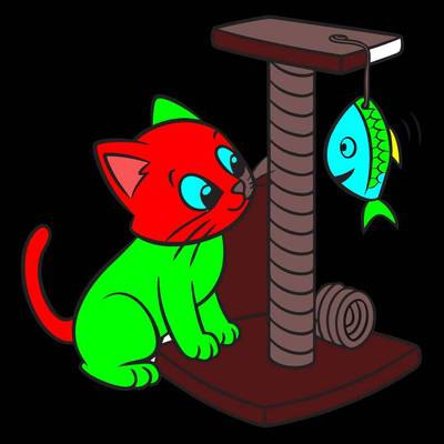 Version coloriée : Chaton avec griffoir et poisson