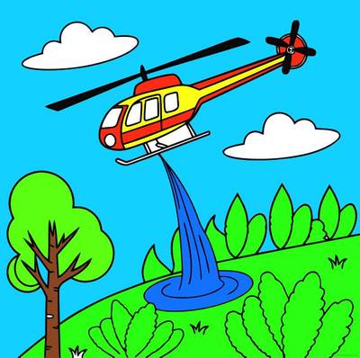 Versão colorida: Helicóptero apagando incêndio na mata