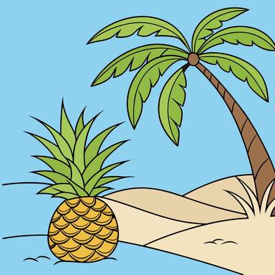 Ausgemalte Version: Einfache Ananas am tropischen Strand