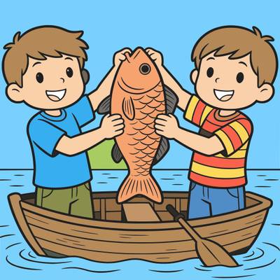 Version coloriée : Deux garçons montrent un gros poisson