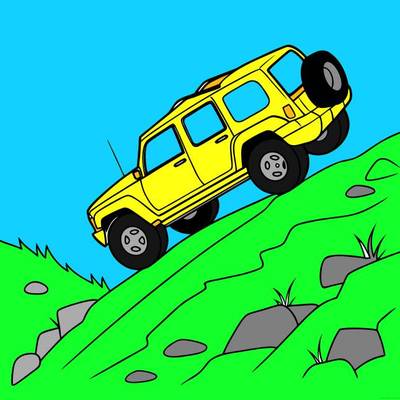 Colored version: Simple SUV climbing a steep rocky hill