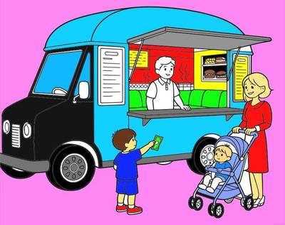 Versão colorida: Food truck atendendo uma família
