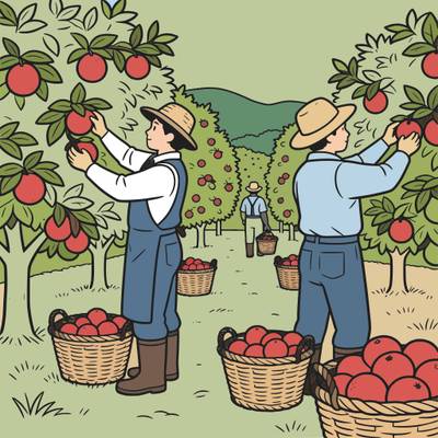 Ausgemalte Version: Erntehelfer pflücken Orangen im Hain