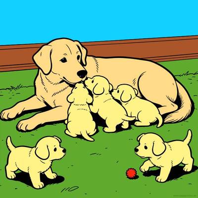 Versão colorida: Golden retriever com cinco filhotes