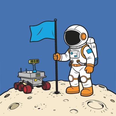 Väritetty versio: Astronautti ja kuukulkija kuussa