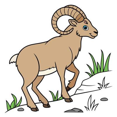 Väritetty versio: Pässi suurilla sarvilla rinteessä