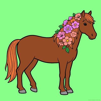 Ausgemalte Version: Stehendes Pferd mit Blumenmähne