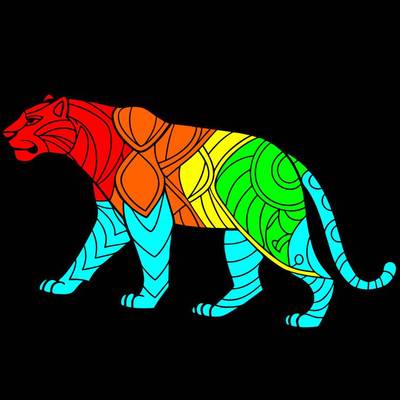 Ausgemalte Version: Tiger im Zentangle-Stil von der Seite