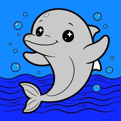 Ingekleurde versie: Kawaii dolfijn met bubbels