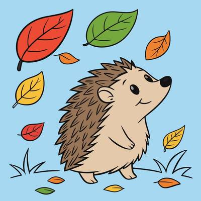 Ausgemalte Version: Igel mit fallenden Herbstblättern