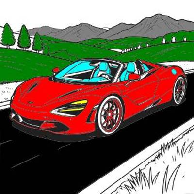 Versione colorata: Auto sportiva cabrio su strada di montagna