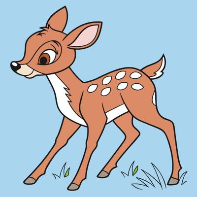 Colored version: Cute bambi style fawn with grass