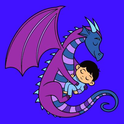 Ausgemalte Version: Schlafendes Kind mit eingerolltem Drachen
