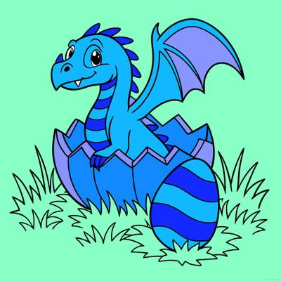 Ausgemalte Version: Babydrache schlüpft aus dem Ei