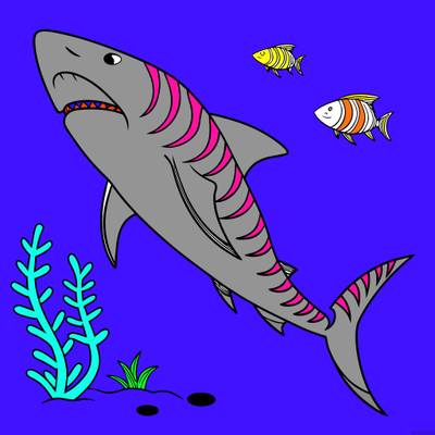 Ausgemalte Version: Einfacher Tigerhai unter Wasser