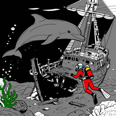 Ingekleurde versie: Dolfijn boven een scheepswrak met duiker