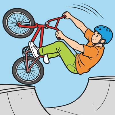 Versão colorida: Ciclista de BMX saltando no skate park