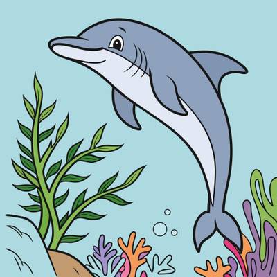 Ausgemalte Version: Delfin im Korallenriff