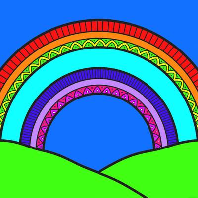 Version coloriée : Double arc-en-ciel à motifs sur collines