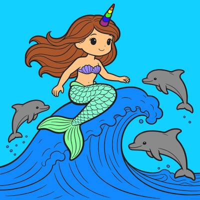 Colored version: Cute mermicorn with dolphins