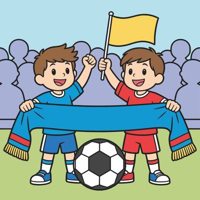 Färglagd version: Fotbollssupportrar med halsduk och flagga
