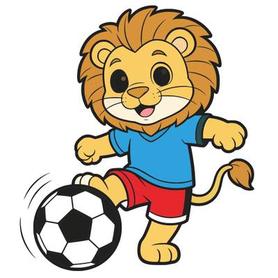 Färglagd version: Lejonmaskot som sparkar en fotboll