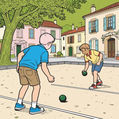 Versão colorida: Crianças jogando petanca na praça