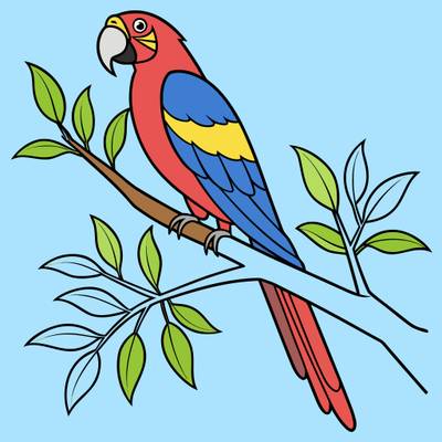 Wersja pokolorowana: Ara na gałęzi – kolorowanka