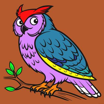 Versione colorata: Gufo reale sul ramo da colorare