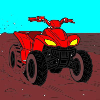 Colored version: Quad bike racing on a sandy beach