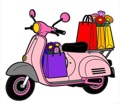 Colored version: Vintage scooter with flower shopping bags