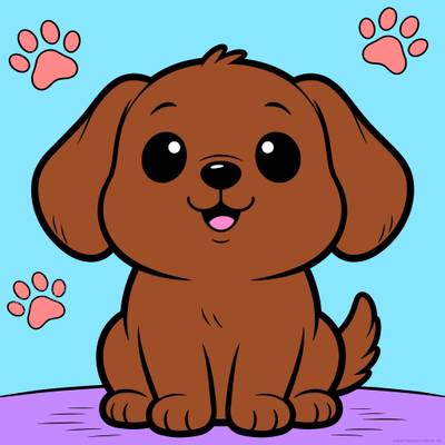 Ingekleurde versie: Kawaii hond met pootafdrukken
